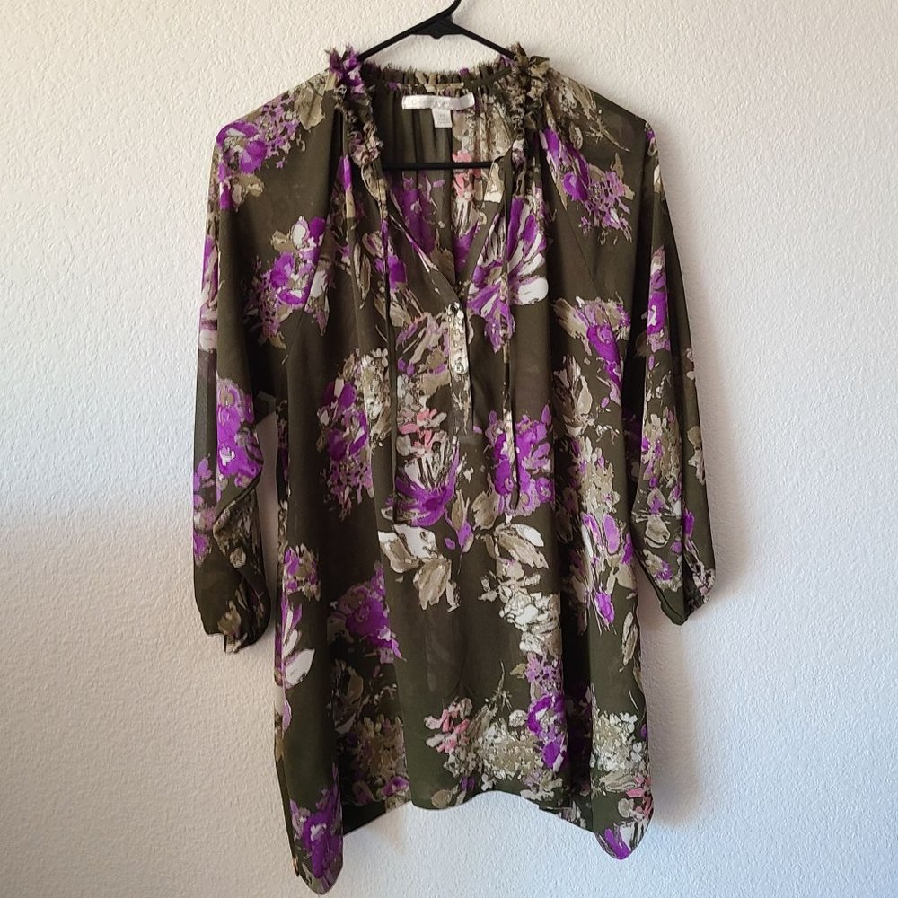 LC Lauren Conrad Olive Floral Tunic Blouse Size XS